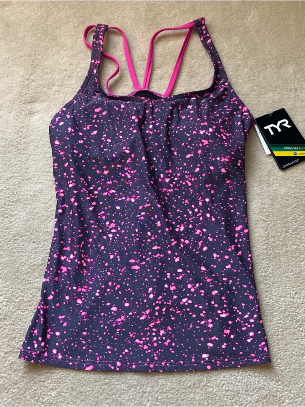 TYR Durafast Lite Moonstone Beach Double Strap Tank Swim Top Pink Small 4/6 NWT